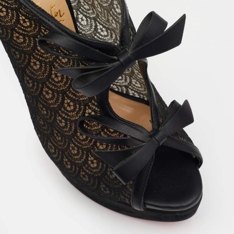 Pre Owned Christian Louboutin Black Suede, Lace and Mesh Empiralta Bow Open Toe Ankle Booties Size 37