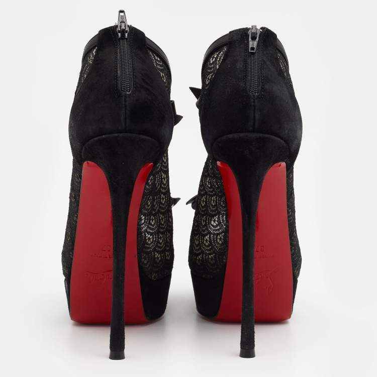 Pre Owned Christian Louboutin Black Suede, Lace and Mesh Empiralta Bow Open Toe Ankle Booties Size 37