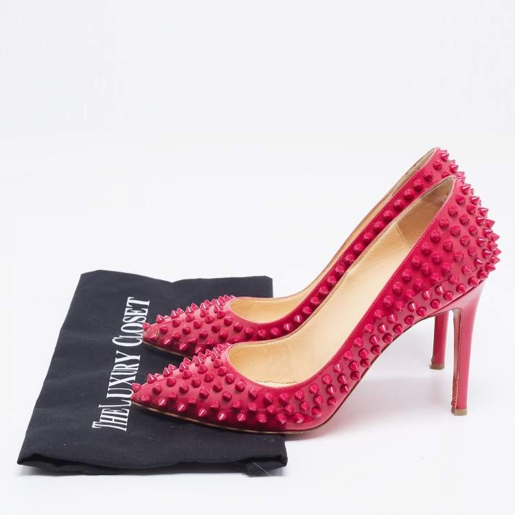 Pre Owned Christian Louboutin Pink Patent Leather Follies Spikes Pointed Toe Pumps Size 38