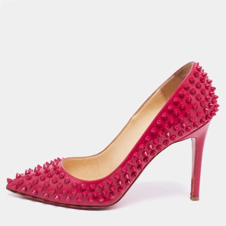 Pre Owned Christian Louboutin Pink Patent Leather Follies Spikes Pointed Toe Pumps Size 38