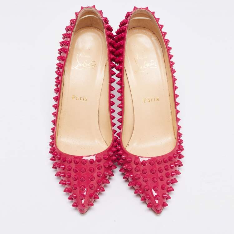 Pre Owned Christian Louboutin Pink Patent Leather Follies Spikes Pointed Toe Pumps Size 38