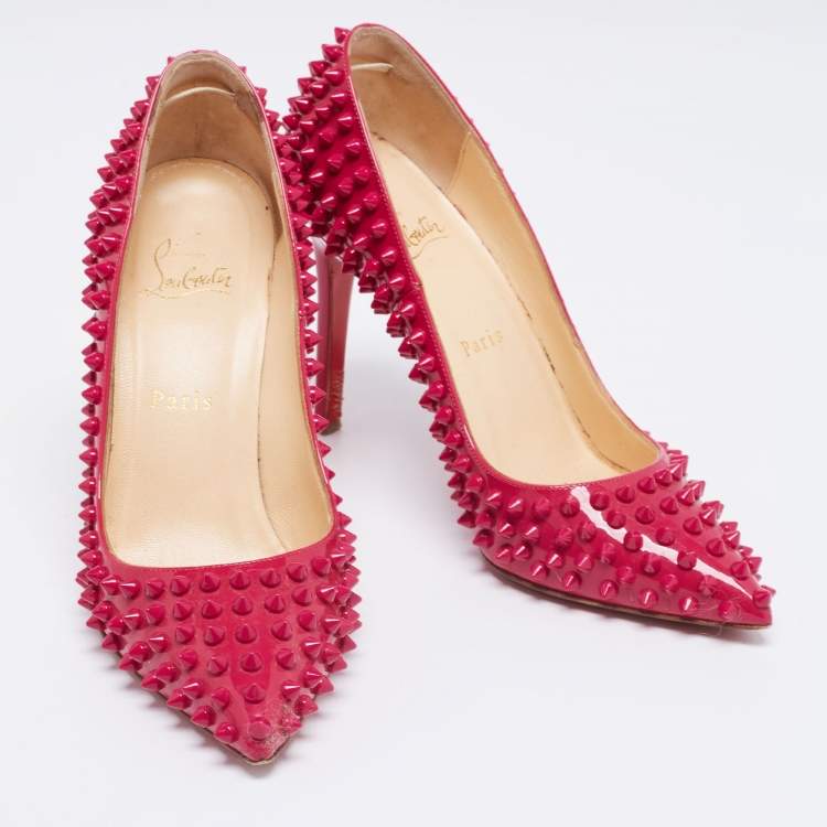 Pre Owned Christian Louboutin Pink Patent Leather Follies Spikes Pointed Toe Pumps Size 38