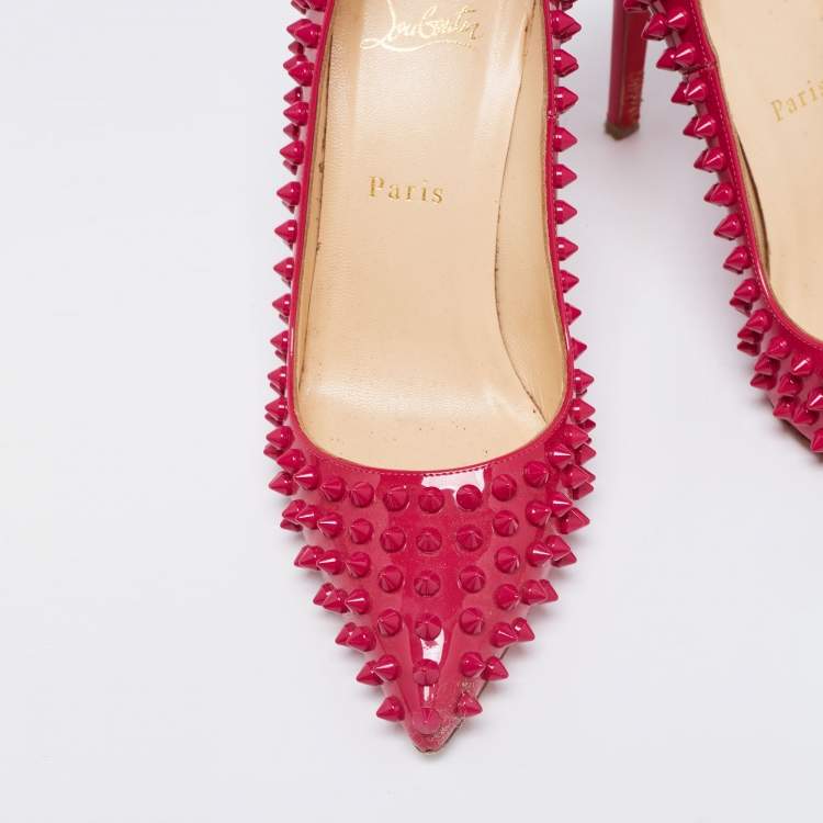 Pre Owned Christian Louboutin Pink Patent Leather Follies Spikes Pointed Toe Pumps Size 38