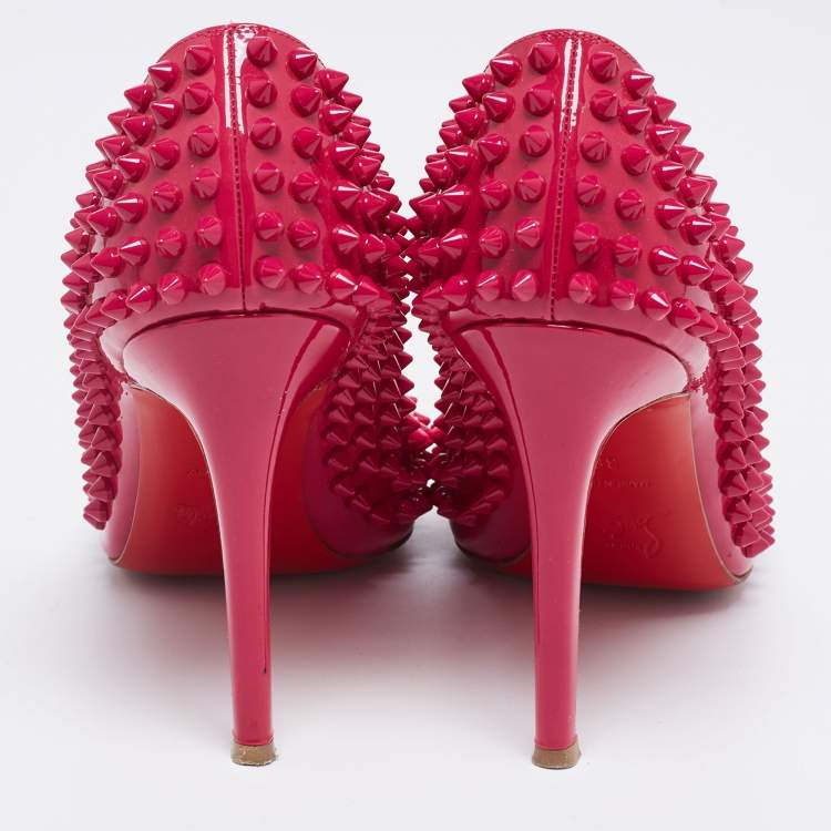 Pre Owned Christian Louboutin Pink Patent Leather Follies Spikes Pointed Toe Pumps Size 38