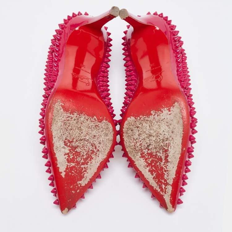 Pre Owned Christian Louboutin Pink Patent Leather Follies Spikes Pointed Toe Pumps Size 38