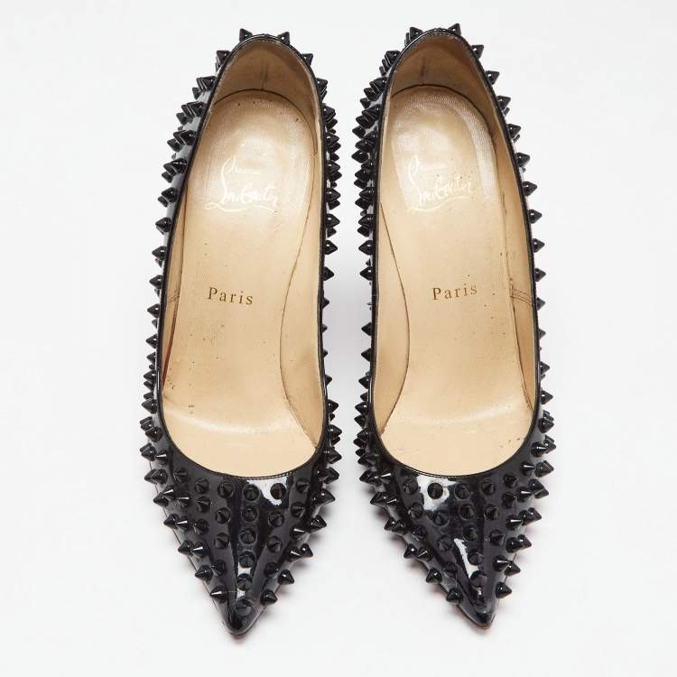 Pre Owned Christian Louboutin Black Patent Leather Follies Spikes Pointed Toe Pumps Size 38.5