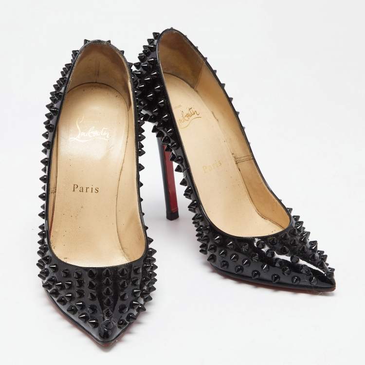 Pre Owned Christian Louboutin Black Patent Leather Follies Spikes Pointed Toe Pumps Size 38.5