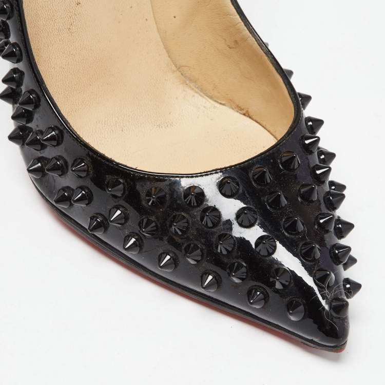 Pre Owned Christian Louboutin Black Patent Leather Follies Spikes Pointed Toe Pumps Size 38.5