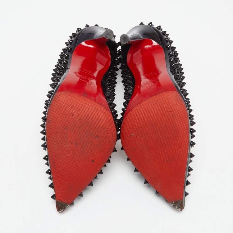 Pre Owned Christian Louboutin Black Patent Leather Follies Spikes Pointed Toe Pumps Size 38.5
