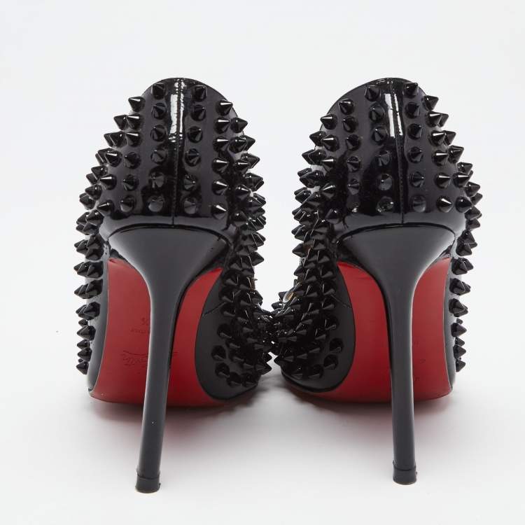 Pre Owned Christian Louboutin Black Patent Leather Follies Spikes Pointed Toe Pumps Size 38.5