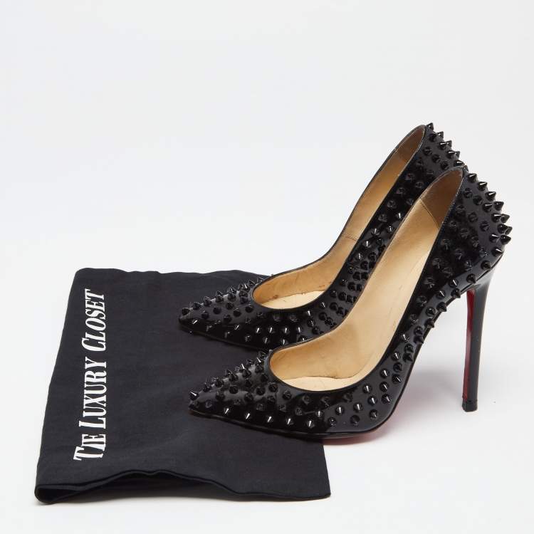 Pre Owned Christian Louboutin Black Patent Leather Follies Spikes Pointed Toe Pumps Size 38.5