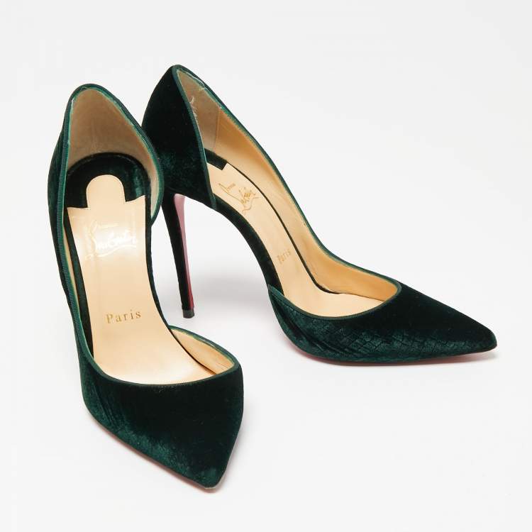 Pre Owned Christian Louboutin Dark Green Textured Velvet Iriza D'orsay Pumps Size 39