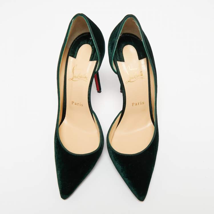 Pre Owned Christian Louboutin Dark Green Textured Velvet Iriza D'orsay Pumps Size 39