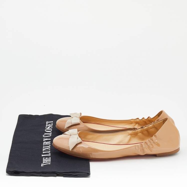 Pre Owned Christian Louboutin Beige Patent Leather Air Loubi Bow Ballet Flats Size 40.5