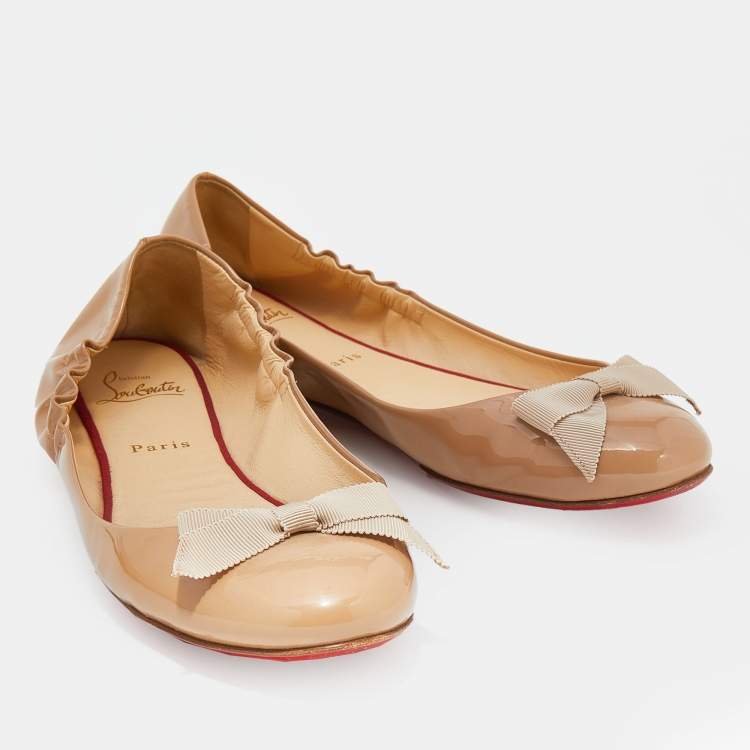 Pre Owned Christian Louboutin Beige Patent Leather Air Loubi Bow Ballet Flats Size 40.5