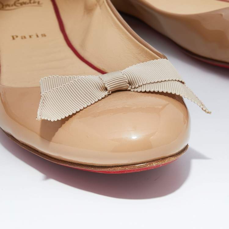 Pre Owned Christian Louboutin Beige Patent Leather Air Loubi Bow Ballet Flats Size 40.5