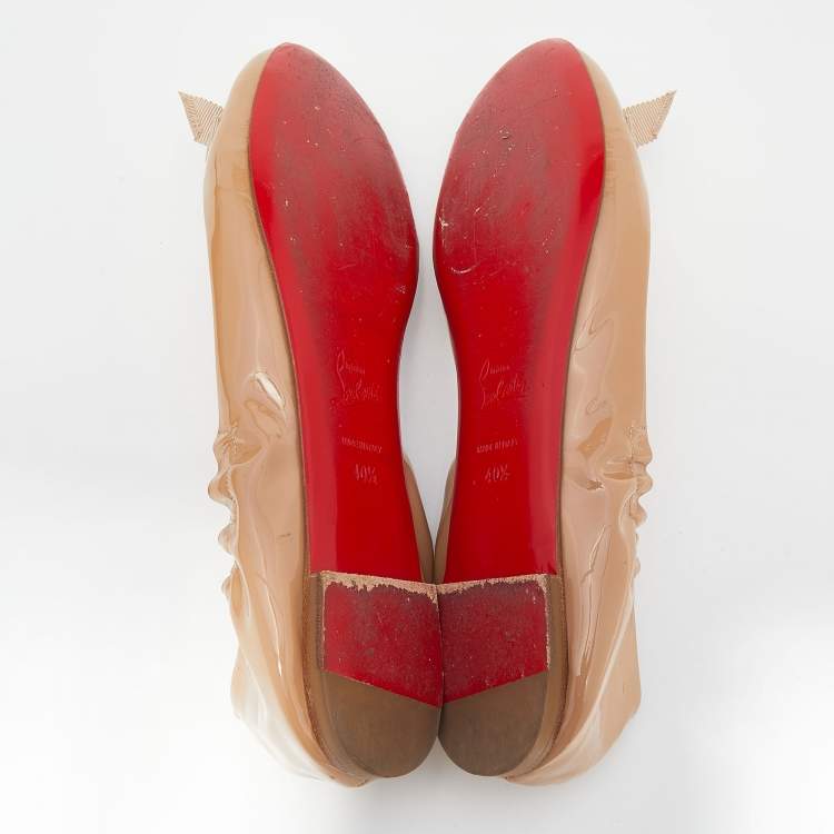 Pre Owned Christian Louboutin Beige Patent Leather Air Loubi Bow Ballet Flats Size 40.5