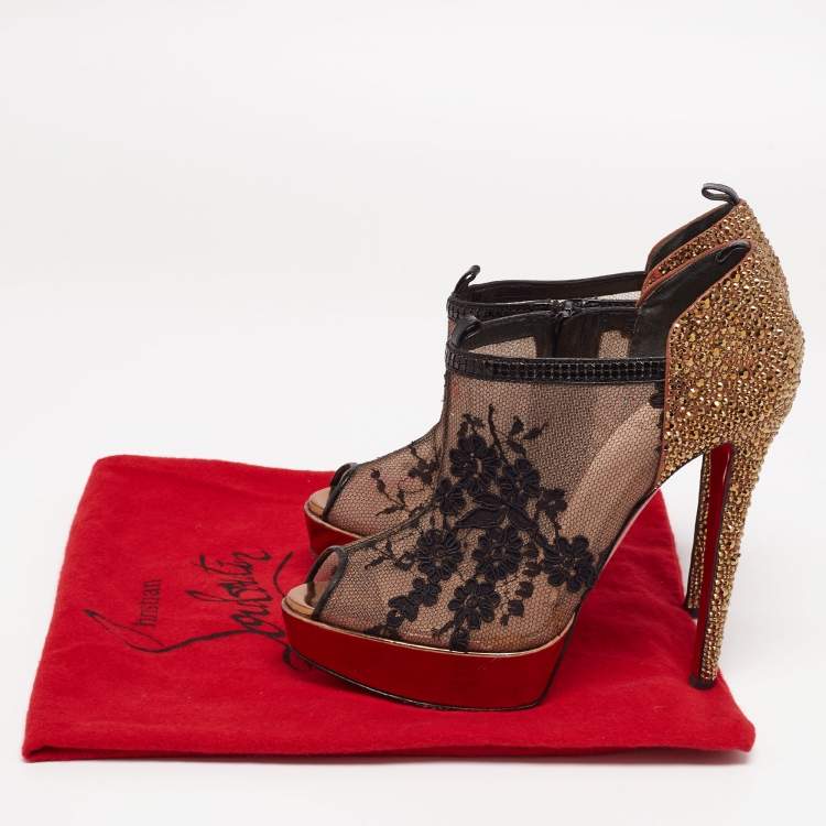 Pre Owned Christian Louboutin Black/Gold Lace Bridget Strass Peep-Toe Booties Size 38