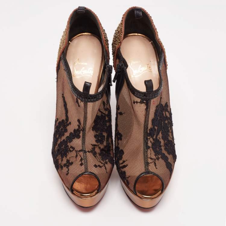 Pre Owned Christian Louboutin Black/Gold Lace Bridget Strass Peep-Toe Booties Size 38