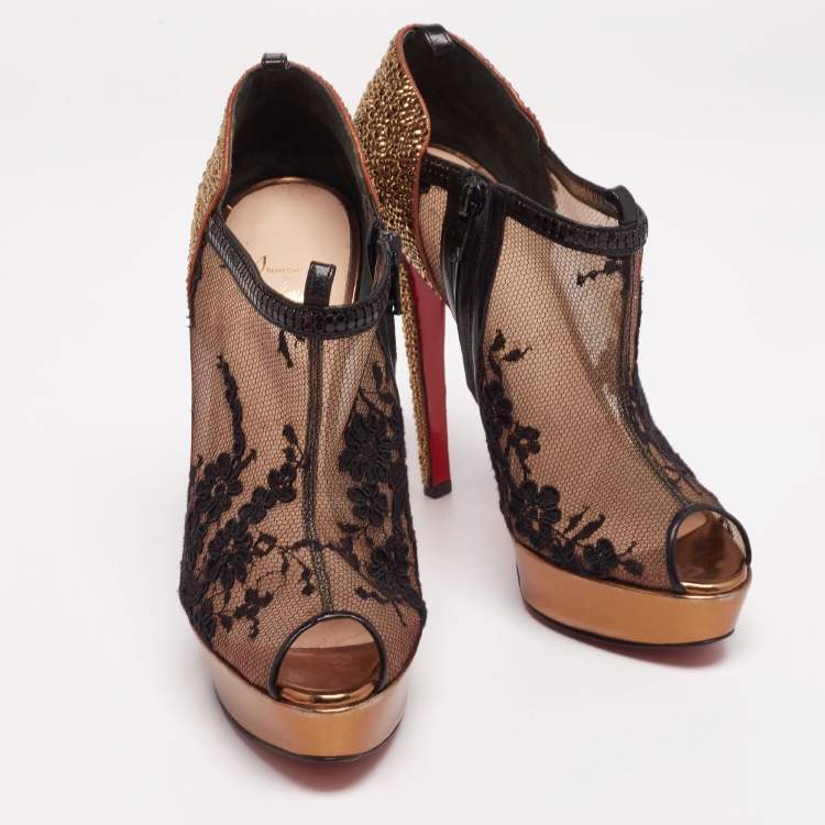 Pre Owned Christian Louboutin Black/Gold Lace Bridget Strass Peep-Toe Booties Size 38