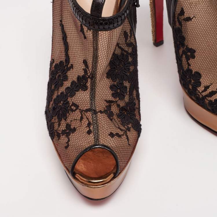 Pre Owned Christian Louboutin Black/Gold Lace Bridget Strass Peep-Toe Booties Size 38