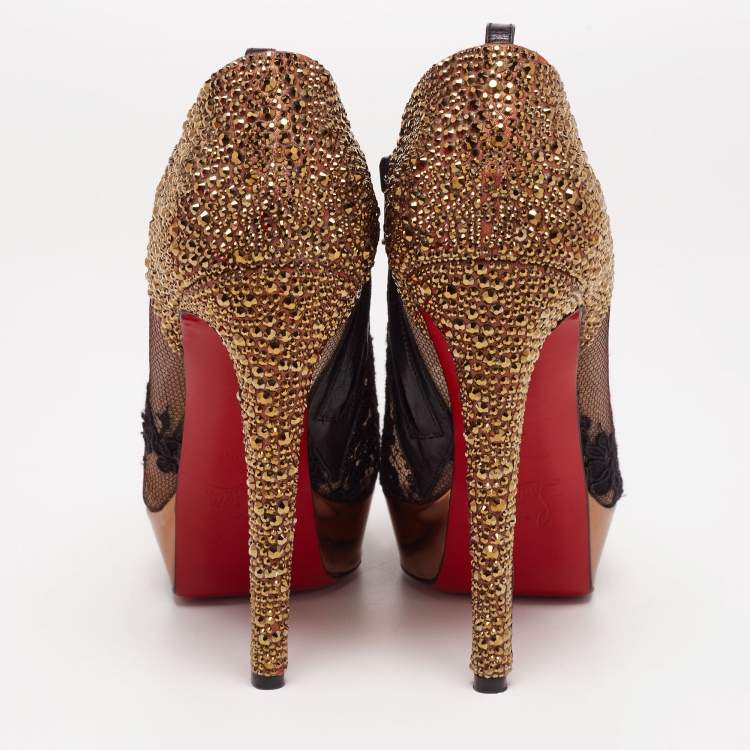Pre Owned Christian Louboutin Black/Gold Lace Bridget Strass Peep-Toe Booties Size 38