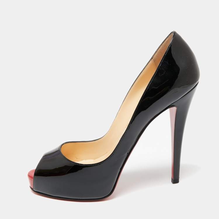 Pre Owned Christian Louboutin Black Patent Leather Very Prive Peep Toe Pumps Size 38.5