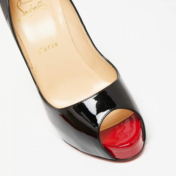 Pre Owned Christian Louboutin Black Patent Leather Very Prive Peep Toe Pumps Size 38.5