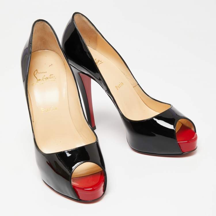 Pre Owned Christian Louboutin Black Patent Leather Very Prive Peep Toe Pumps Size 38.5