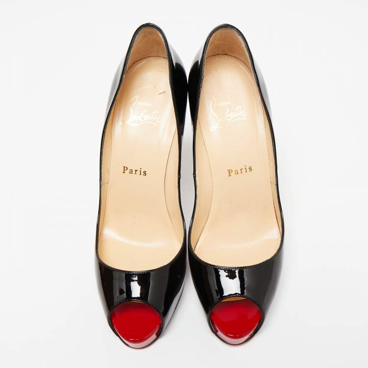 Pre Owned Christian Louboutin Black Patent Leather Very Prive Peep Toe Pumps Size 38.5