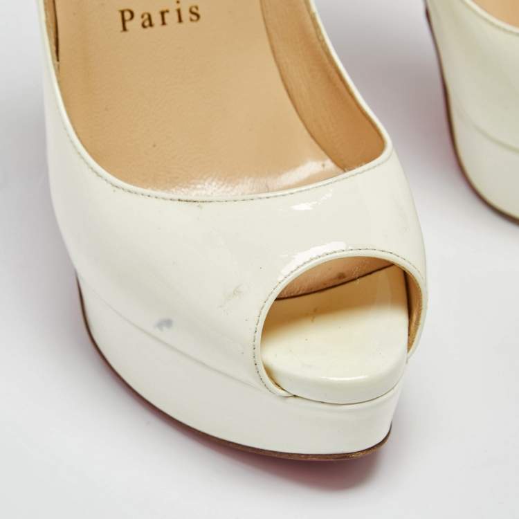 Pre Owned Christian Louboutin Off-White Patent Leather Lady Peep-Toe Platform Pumps Size 36.5