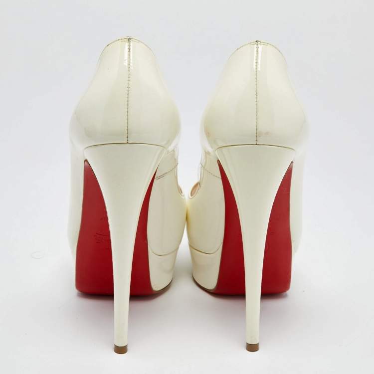 Pre Owned Christian Louboutin Off-White Patent Leather Lady Peep-Toe Platform Pumps Size 36.5