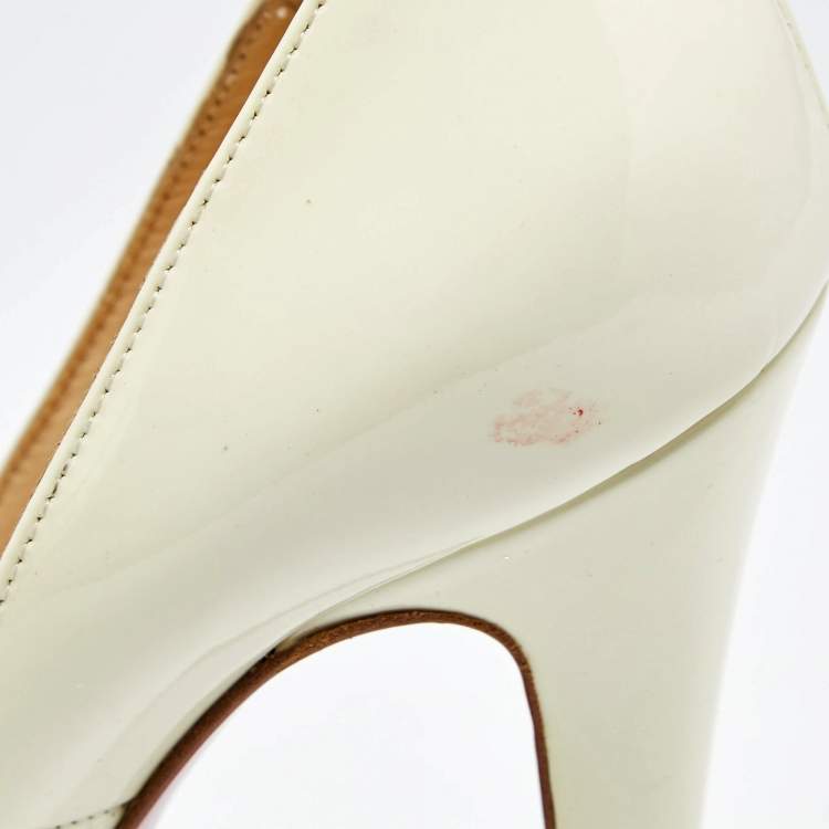 Pre Owned Christian Louboutin Off-White Patent Leather Lady Peep-Toe Platform Pumps Size 36.5