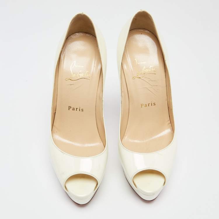 Pre Owned Christian Louboutin Off-White Patent Leather Lady Peep-Toe Platform Pumps Size 36.5