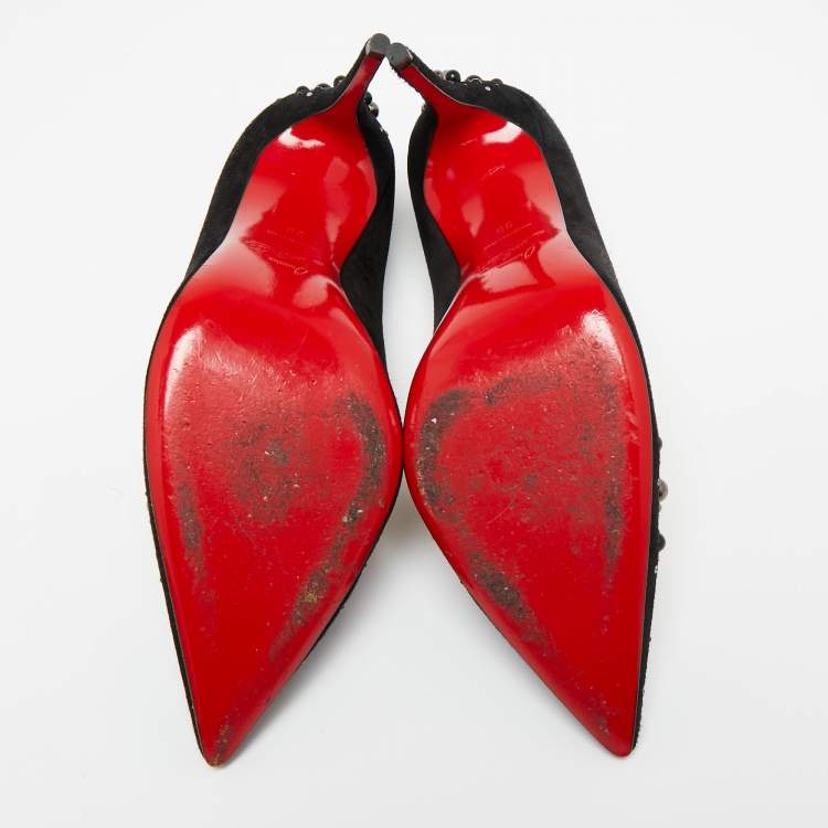 Pre Owned Christian Louboutin Black Suede Candidate Embellished Pointed Toe Pumps Size 38