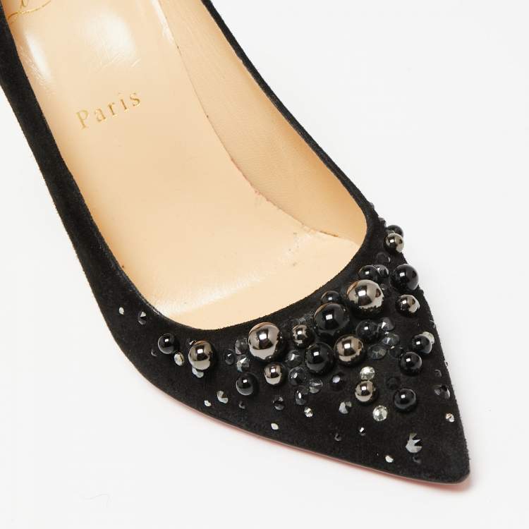 Pre Owned Christian Louboutin Black Suede Candidate Embellished Pointed Toe Pumps Size 38