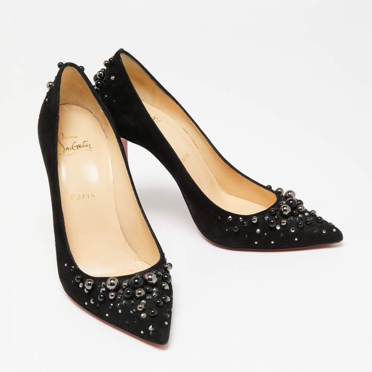 Pre Owned Christian Louboutin Black Suede Candidate Embellished Pointed Toe Pumps Size 38