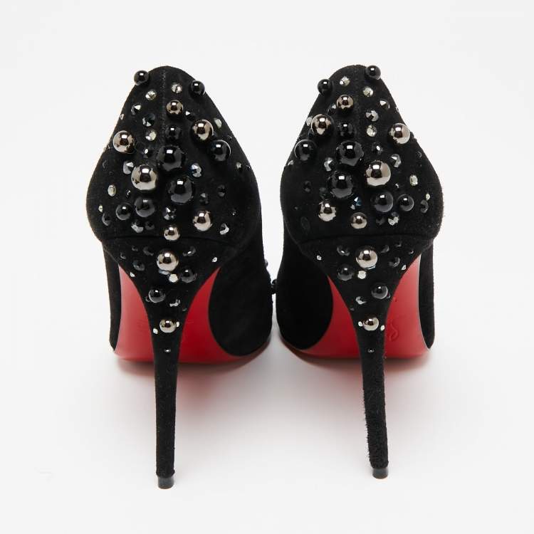 Pre Owned Christian Louboutin Black Suede Candidate Embellished Pointed Toe Pumps Size 38