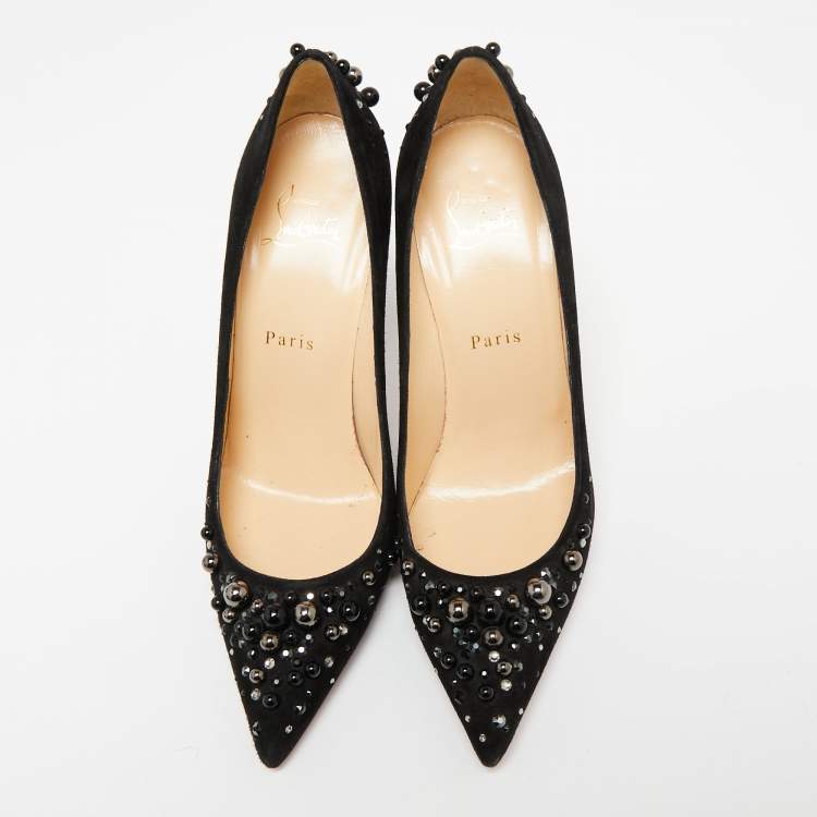 Pre Owned Christian Louboutin Black Suede Candidate Embellished Pointed Toe Pumps Size 38