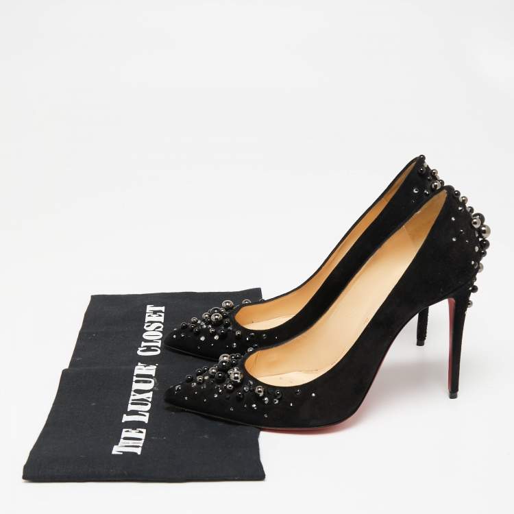 Pre Owned Christian Louboutin Black Suede Candidate Embellished Pointed Toe Pumps Size 38