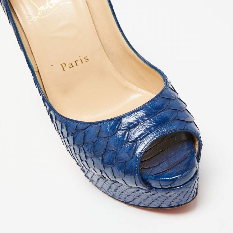 Pre Owned Christian Louboutin Blue Python Leather Lady Peep Platform Pumps Size 37