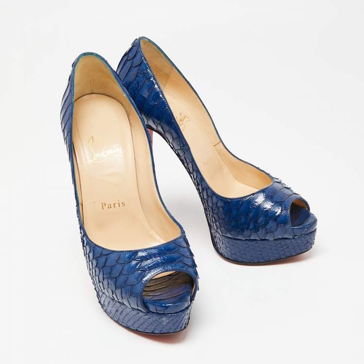 Pre Owned Christian Louboutin Blue Python Leather Lady Peep Platform Pumps Size 37