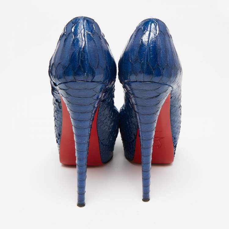 Pre Owned Christian Louboutin Blue Python Leather Lady Peep Platform Pumps Size 37