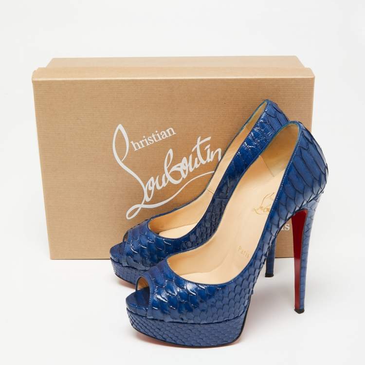 Pre Owned Christian Louboutin Blue Python Leather Lady Peep Platform Pumps Size 37