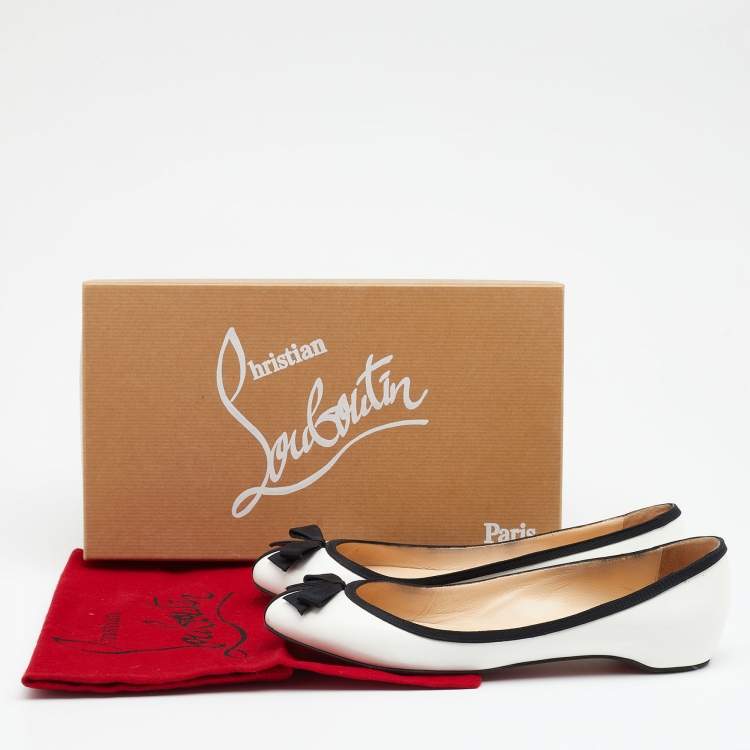 Pre Owned Christian Louboutin White/Black Patent Balinodono Bow Ballet Flats Size 36.5