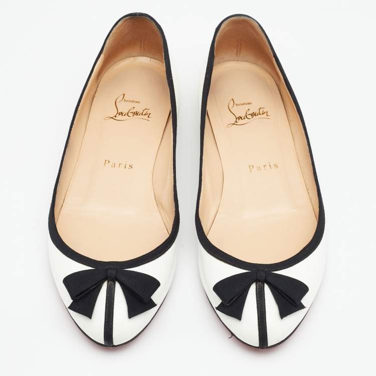 Pre Owned Christian Louboutin White/Black Patent Balinodono Bow Ballet Flats Size 36.5