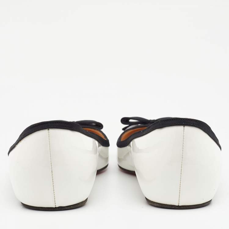 Pre Owned Christian Louboutin White/Black Patent Balinodono Bow Ballet Flats Size 36.5