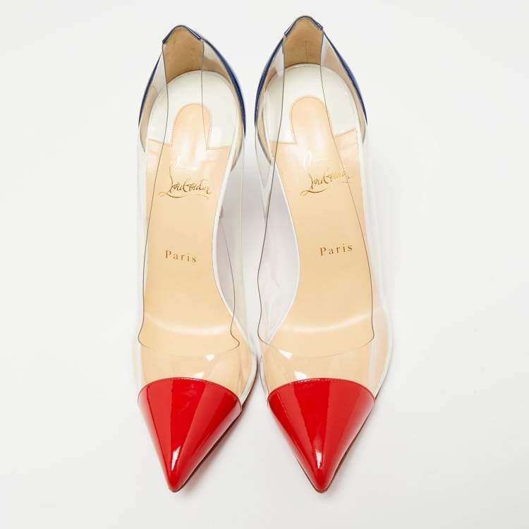 Pre Owned Christian Louboutin Red/Blue Patent Leather and PVC Debout Pumps Size 41