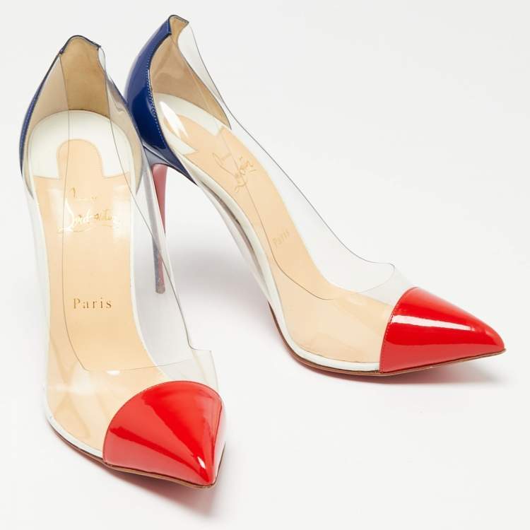 Pre Owned Christian Louboutin Red/Blue Patent Leather and PVC Debout Pumps Size 41