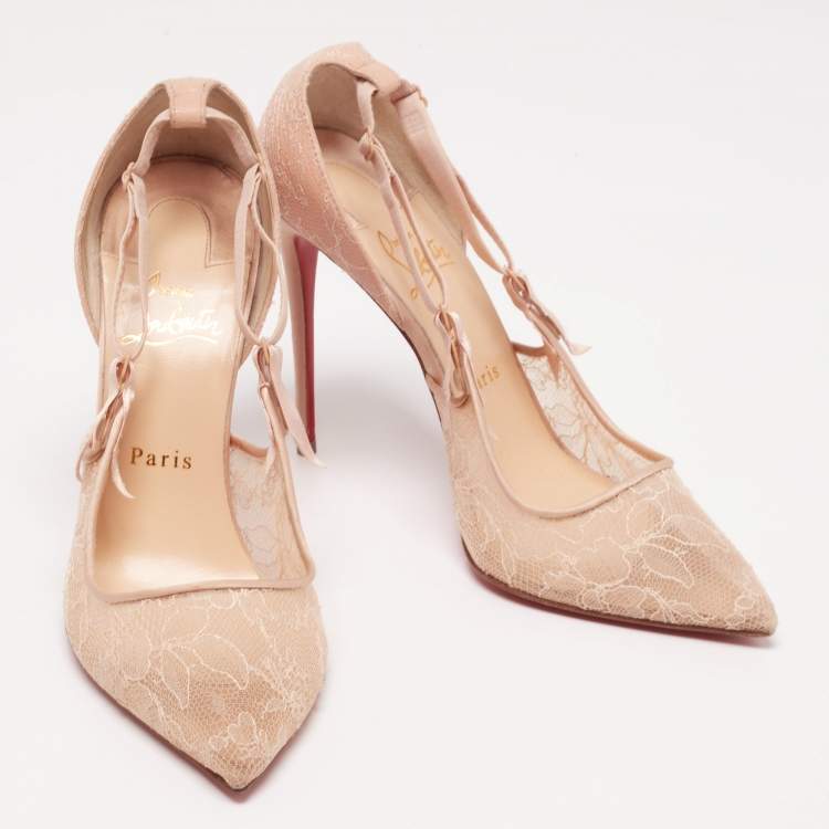 Pre Owned Christian Louboutin Beige Lace and Satin Hot Jeanbi Pumps Size 40